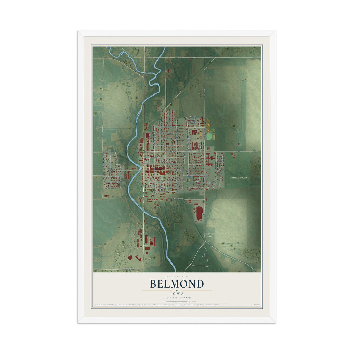Map of Belmond, Iowa, 12 x 18 inch print in a white wood frame