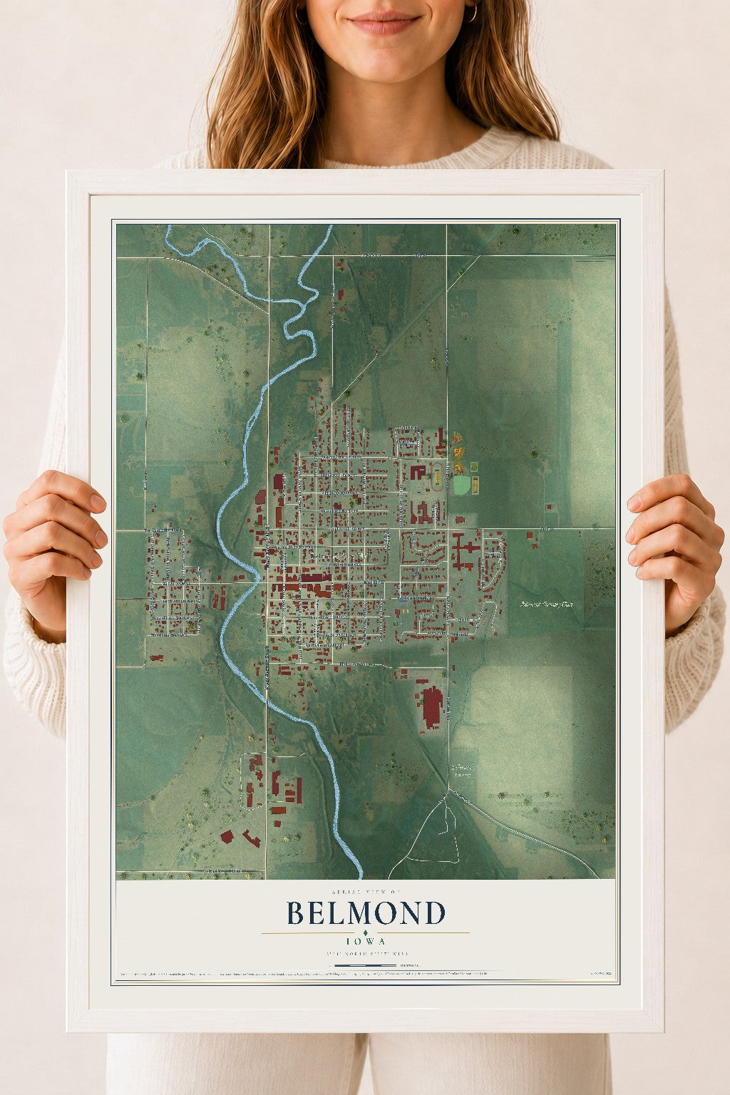 Map of Belmond, Iowa, 18 x 24 inch print in a white wood frame