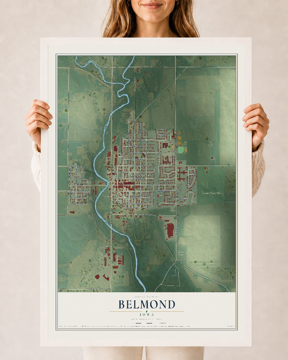 Map of Belmond, Iowa, 24 x 36 inch print in a white wood frame