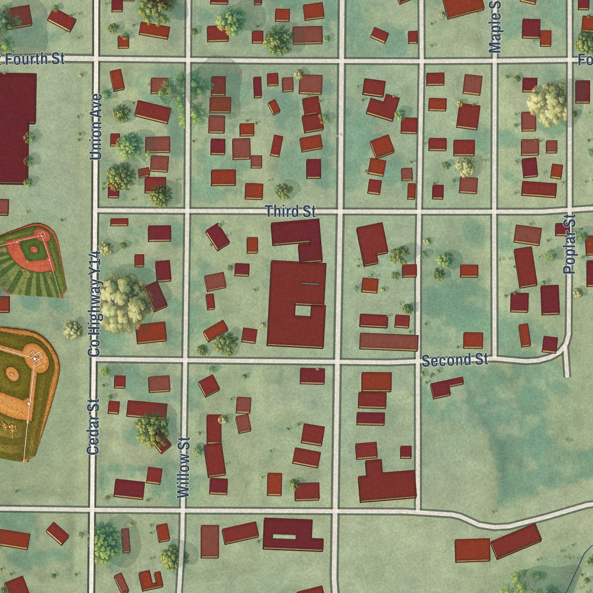 Close-up of the map of Bennett, Iowa print showing street and building detail