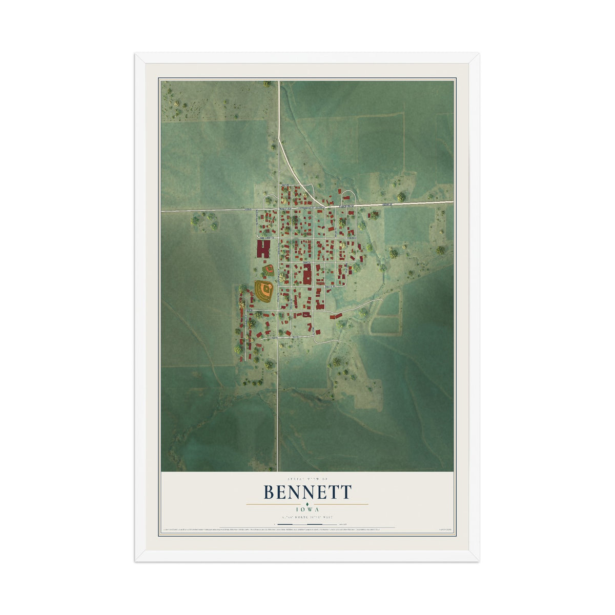 Map of Bennett, Iowa, 12 x 18 inch print in a white wood frame