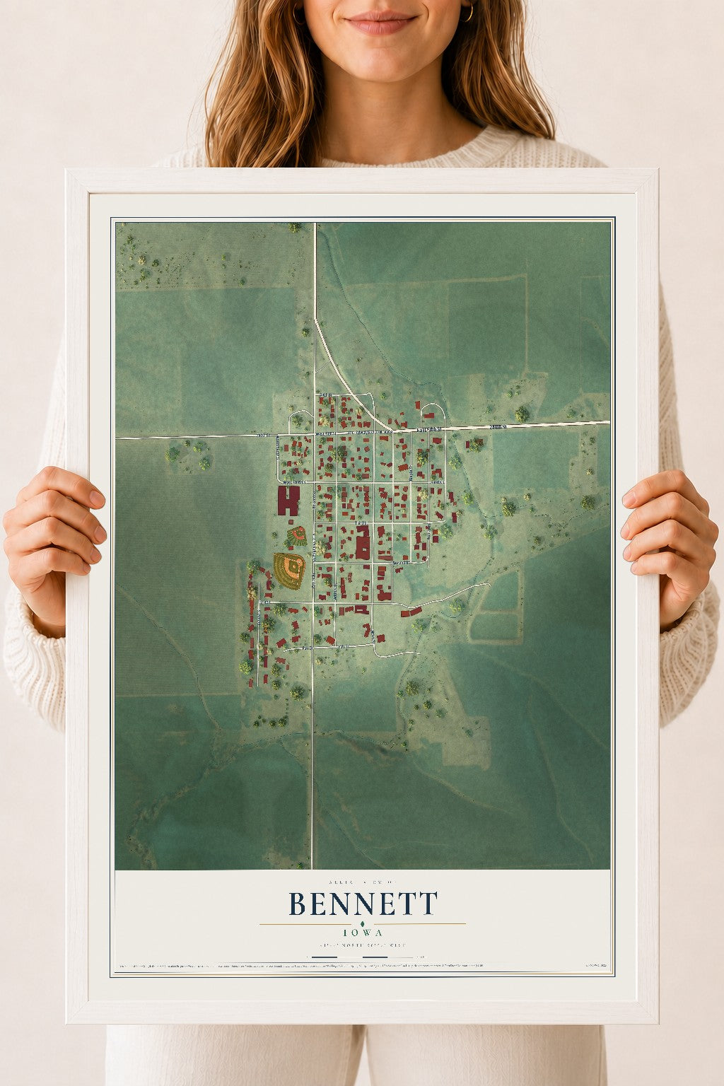 Map of Bennett, Iowa, 18 x 24 inch print in a white wood frame