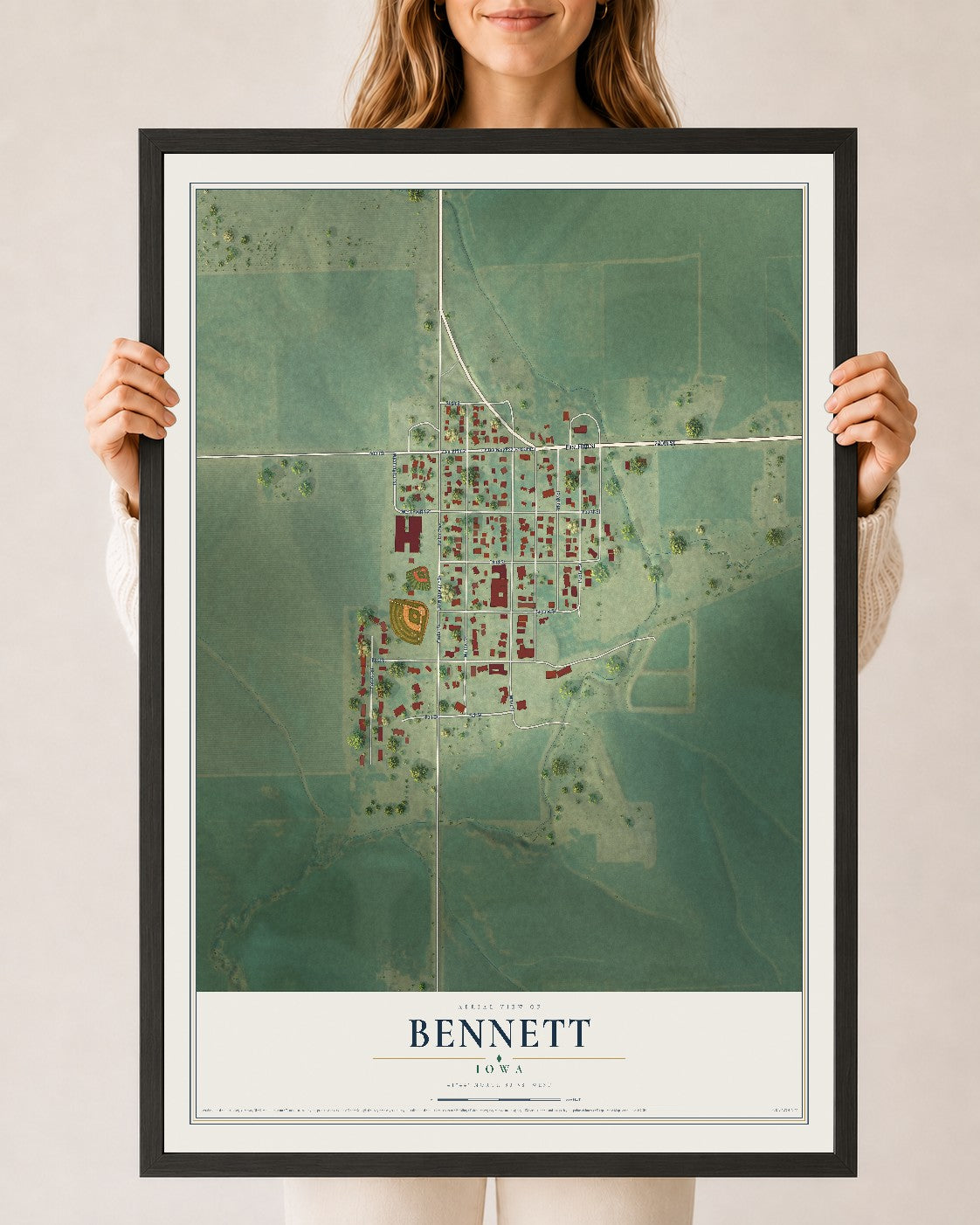 Map of Bennett, Iowa, 24 x 36 inch print in a black wood frame