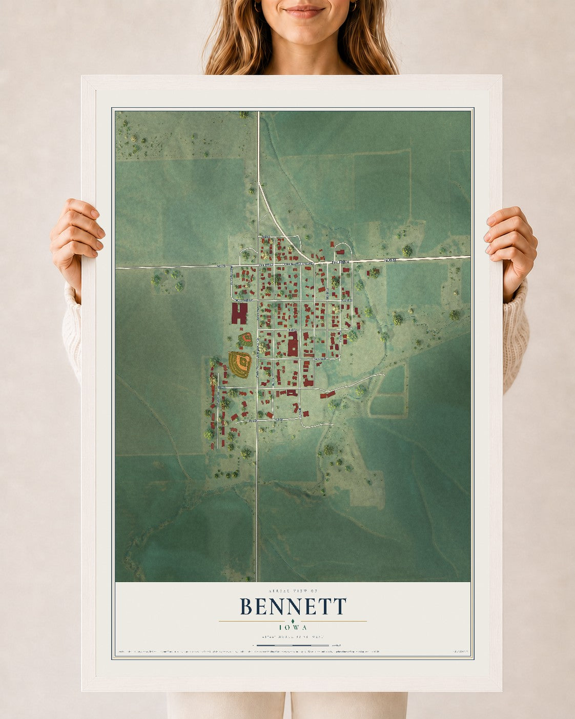 Map of Bennett, Iowa, 24 x 36 inch print in a white wood frame