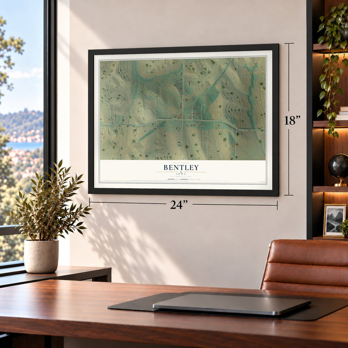 Bentley, Iowa map, 18 x 24 inch print in a black frame in a home office