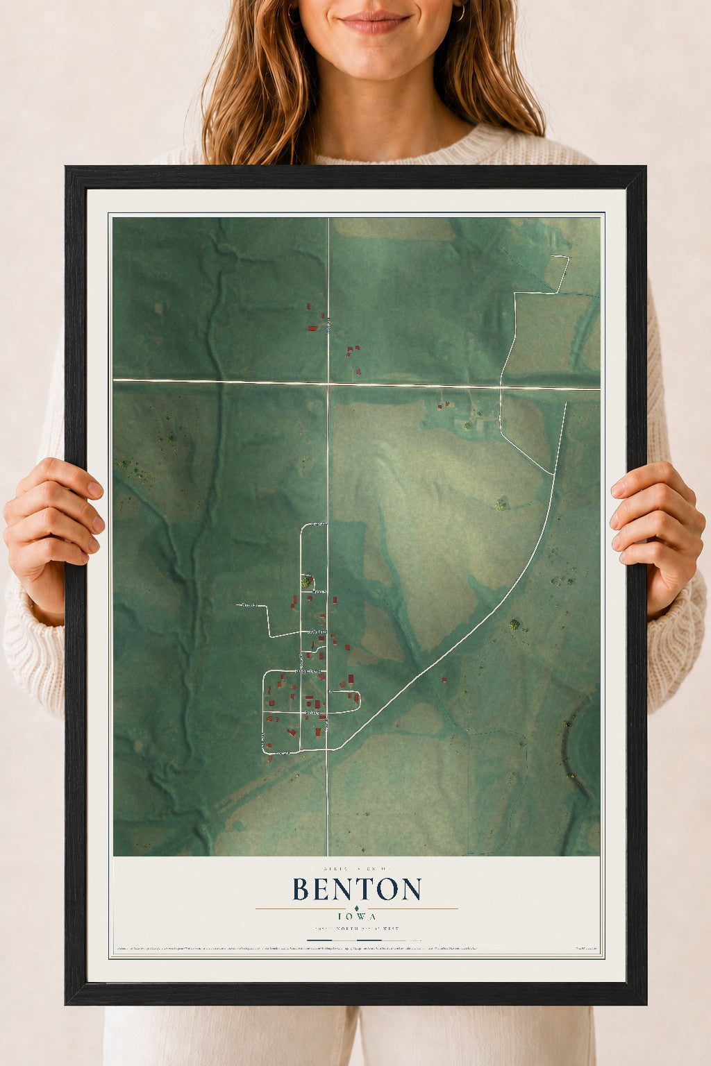 Map of Benton, Iowa, 18 x 24 inch print in a black wood frame