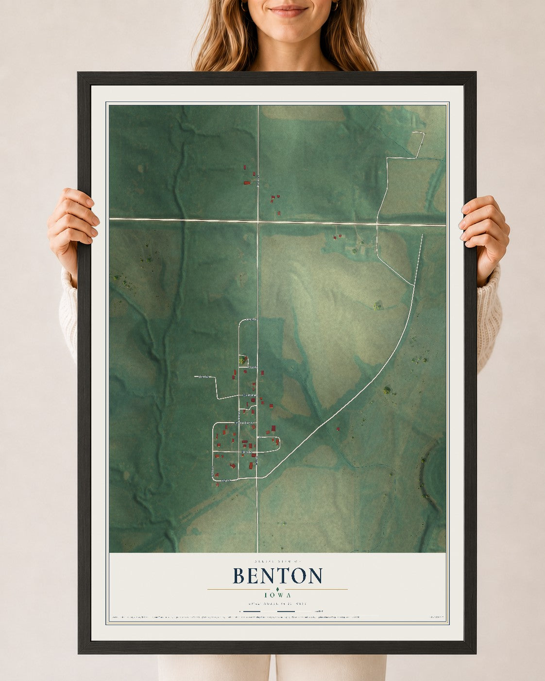 Map of Benton, Iowa, 24 x 36 inch print in a black wood frame
