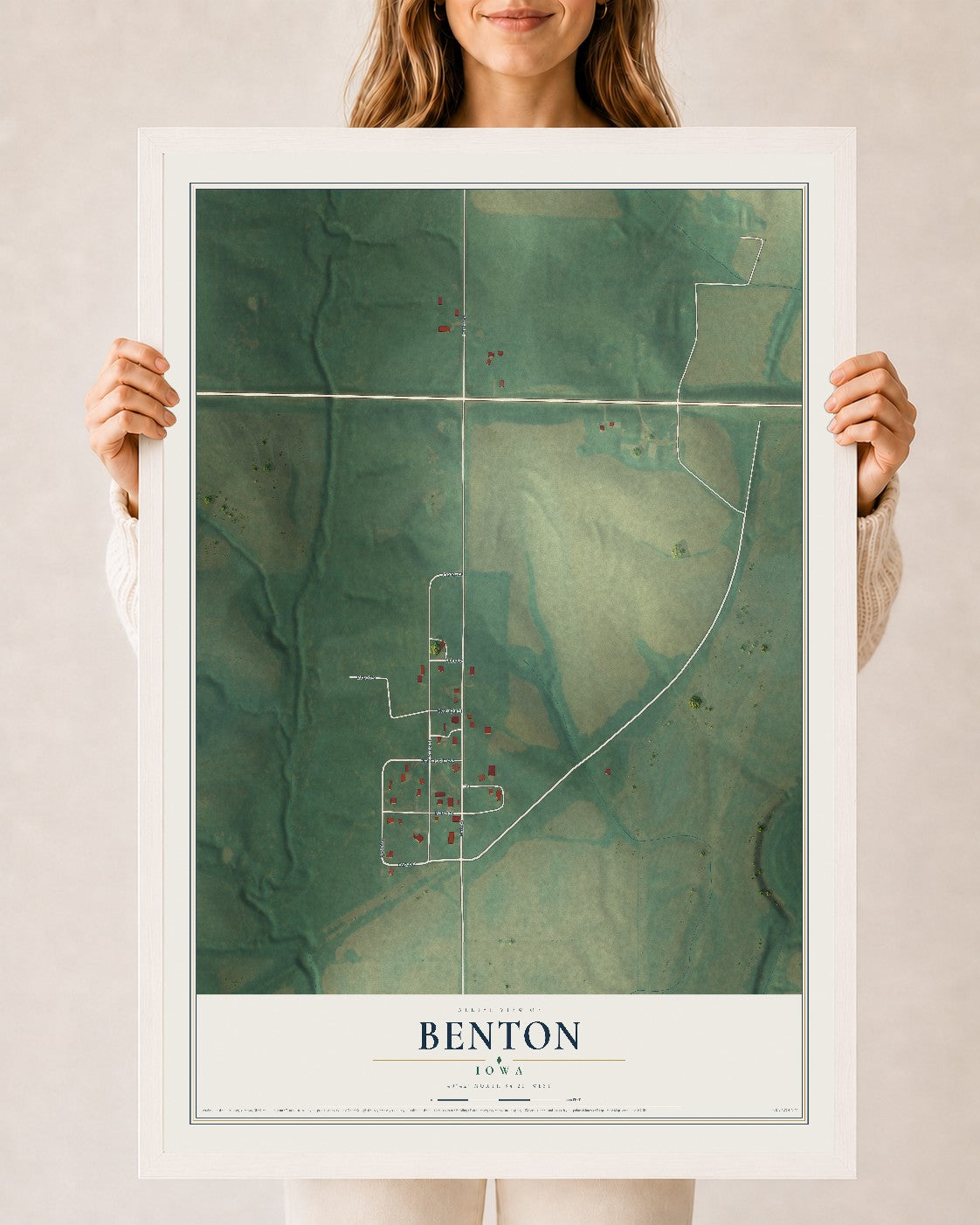 Map of Benton, Iowa, 24 x 36 inch print in a white wood frame