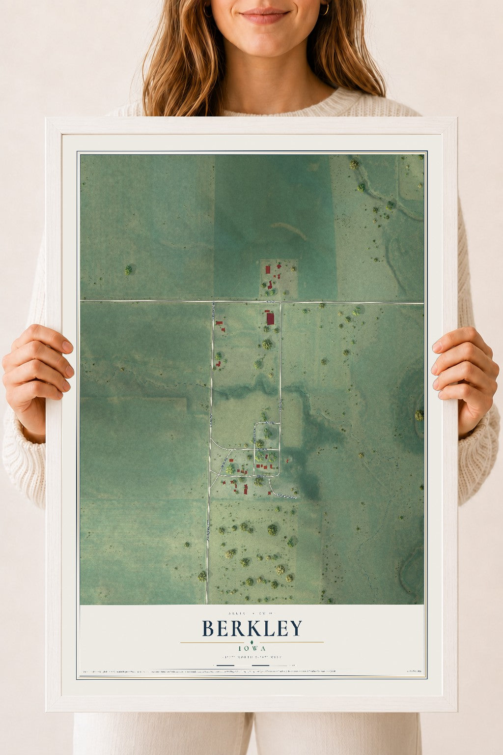Map of Berkley, Iowa, 18 x 24 inch print in a white wood frame