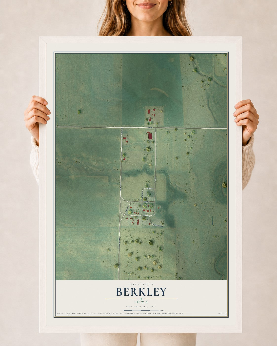 Map of Berkley, Iowa, 24 x 36 inch print in a white wood frame