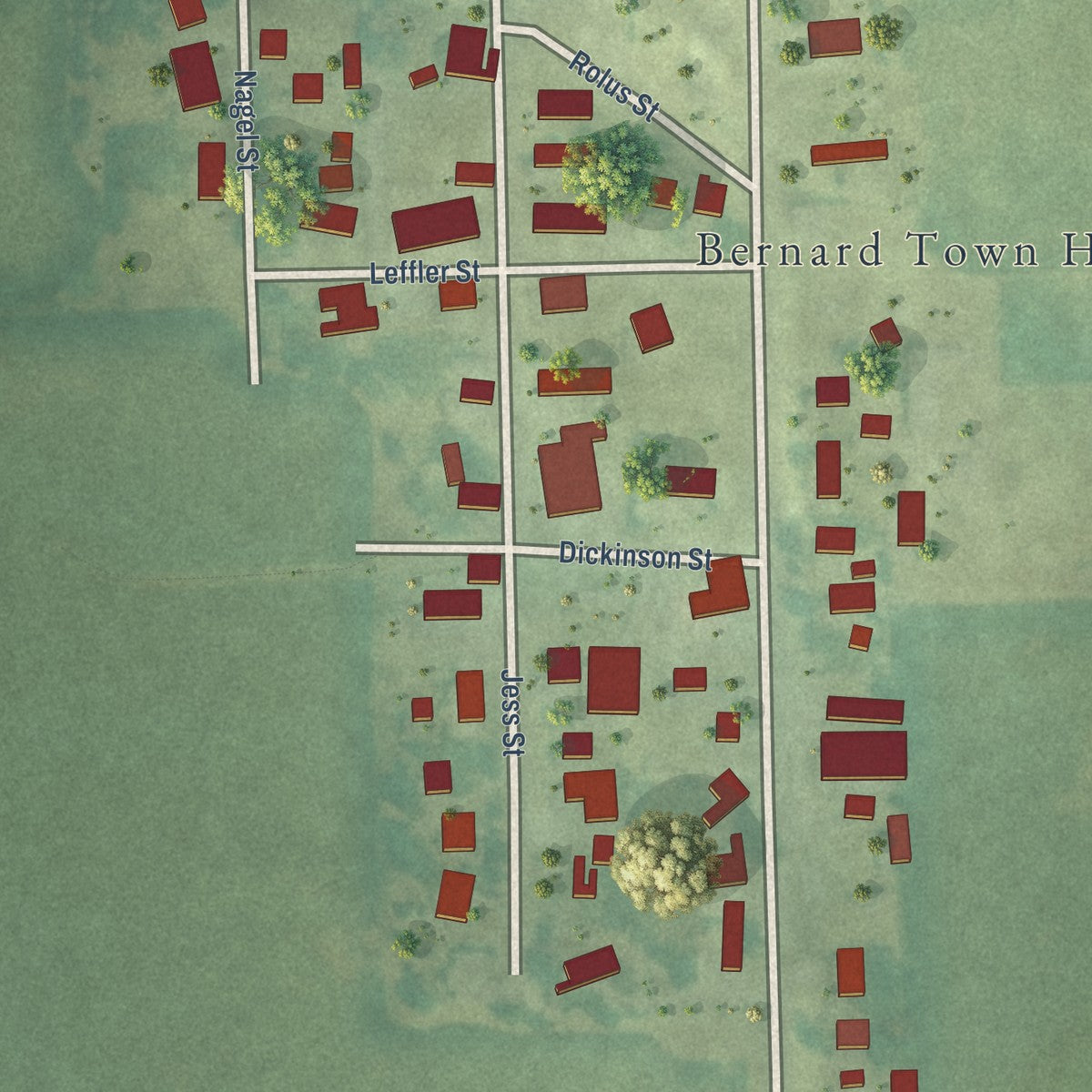 Close-up of the map of Bernard, Iowa print showing street and building detail