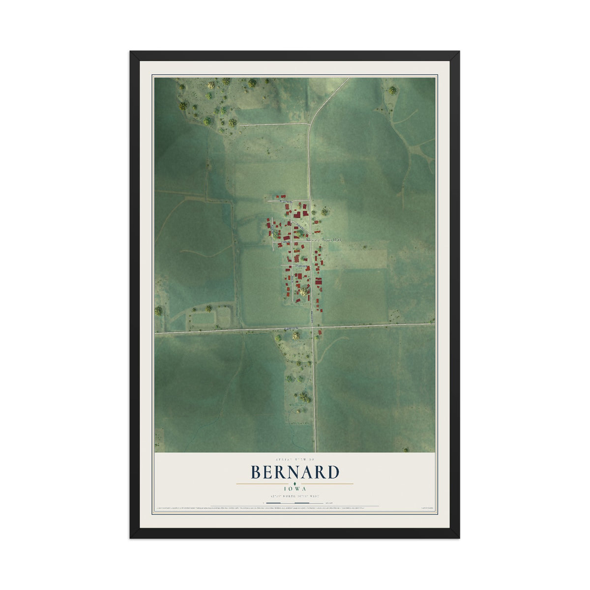Map of Bernard, Iowa, 12 x 18 inch print in a black wood frame