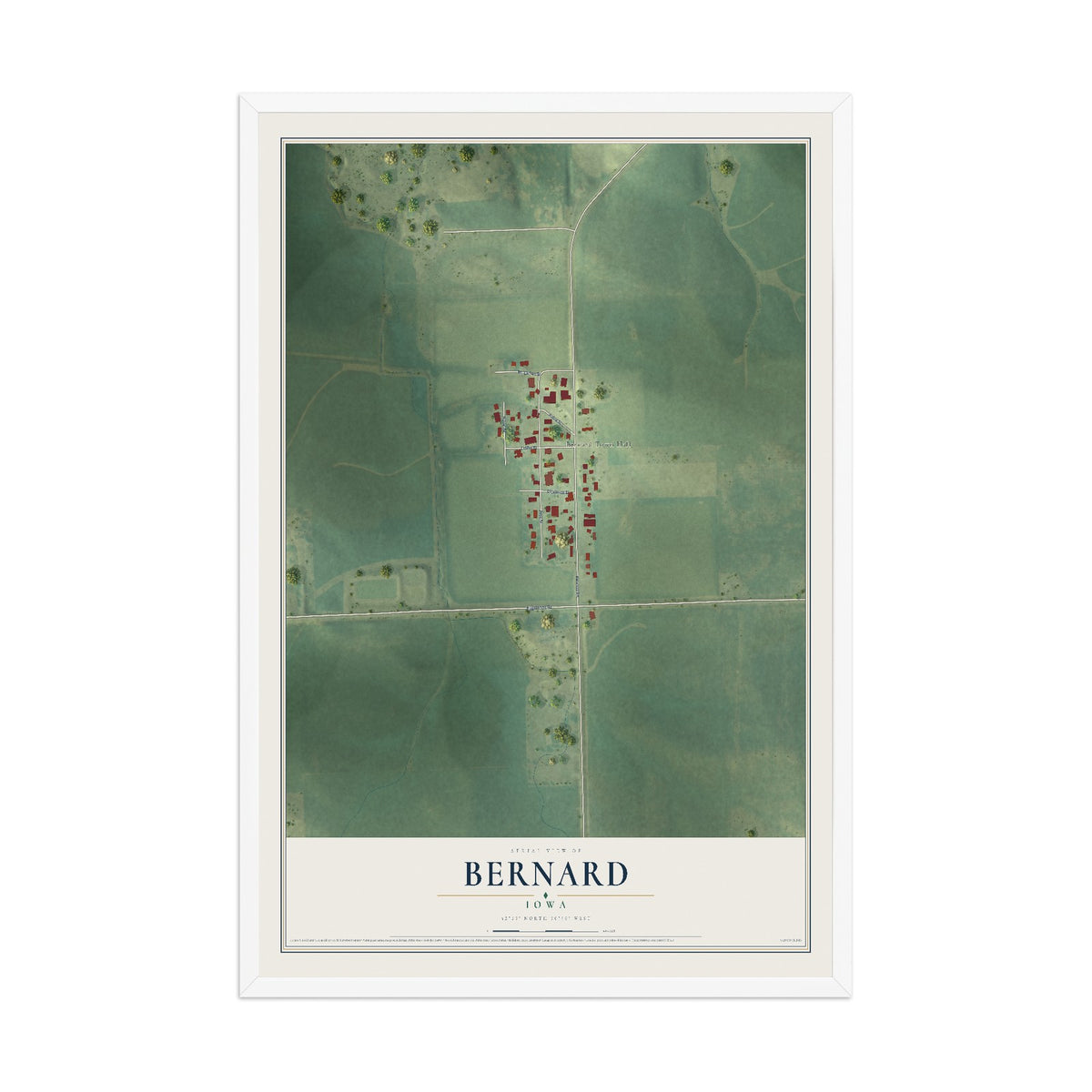 Map of Bernard, Iowa, 12 x 18 inch print in a white wood frame
