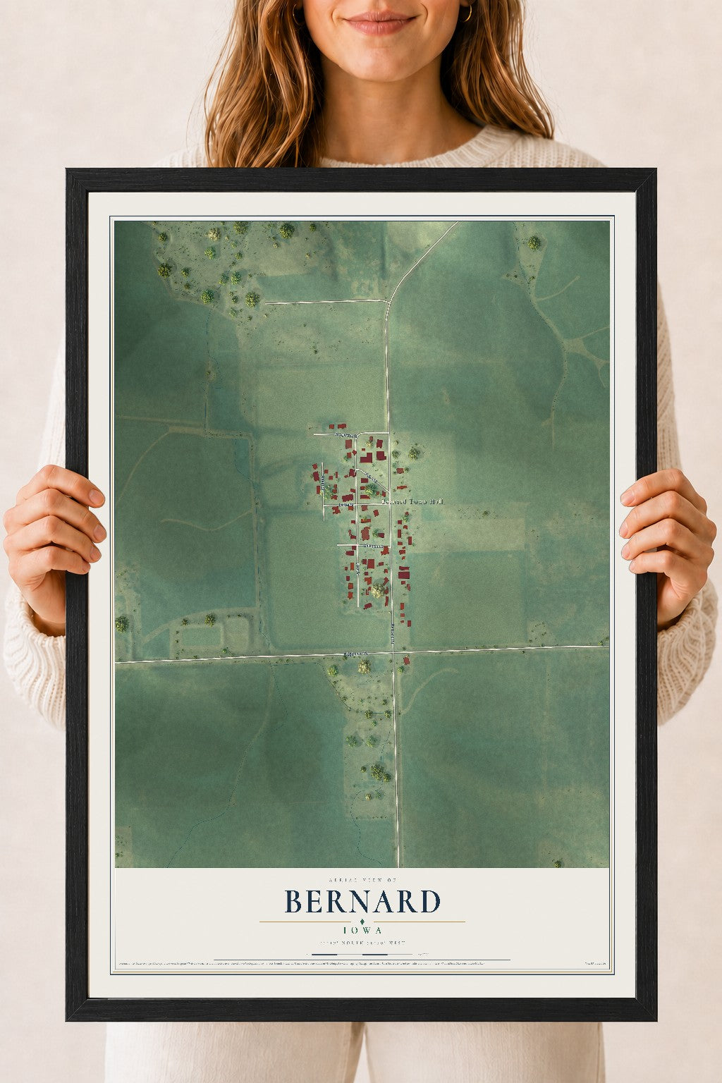 Map of Bernard, Iowa, 18 x 24 inch print in a black wood frame