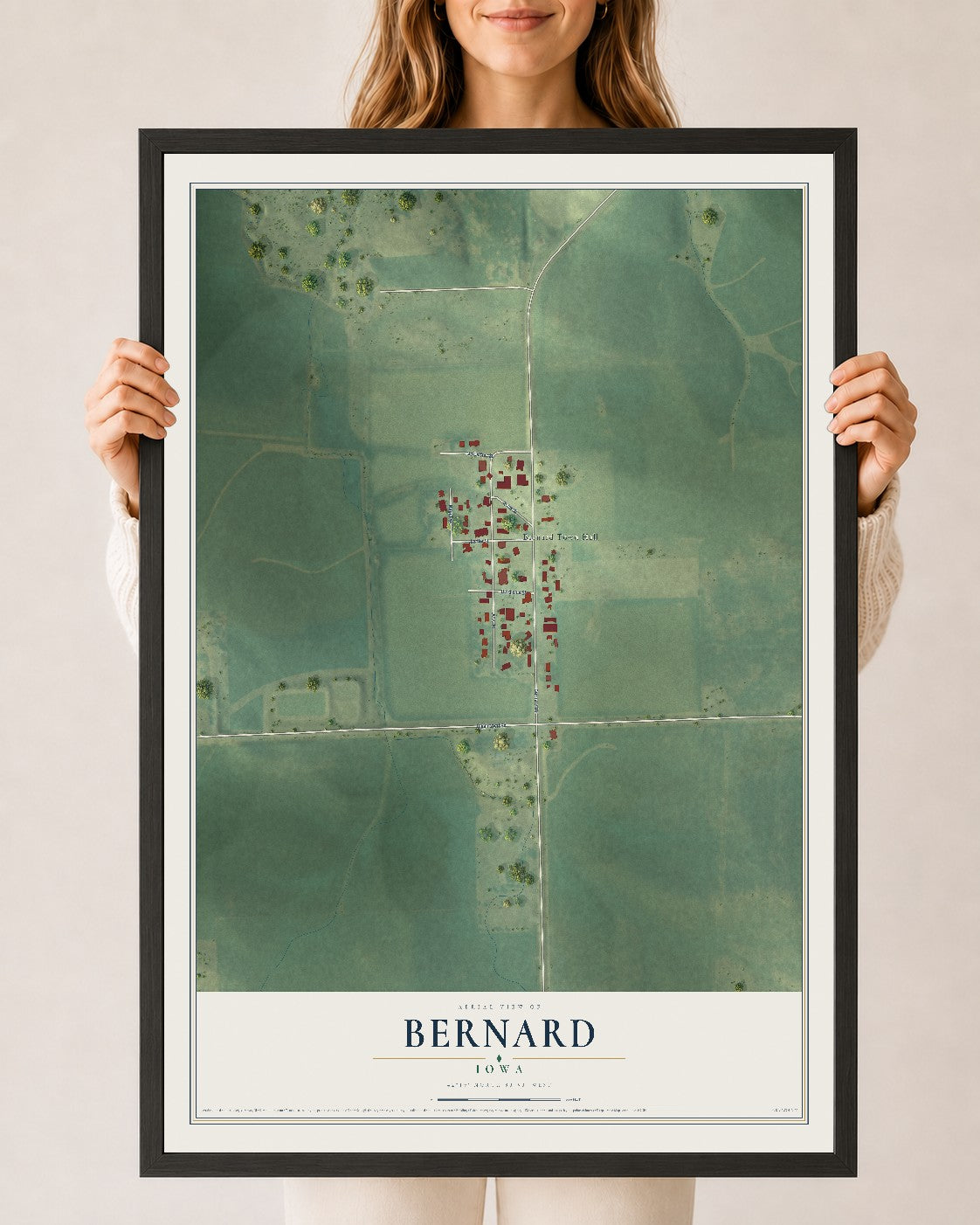 Map of Bernard, Iowa, 24 x 36 inch print in a black wood frame