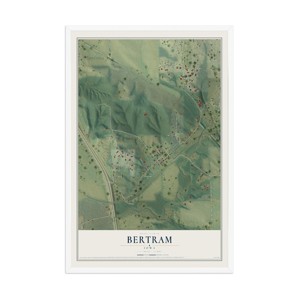 Map of Bertram, Iowa, 12 x 18 inch print in a white wood frame