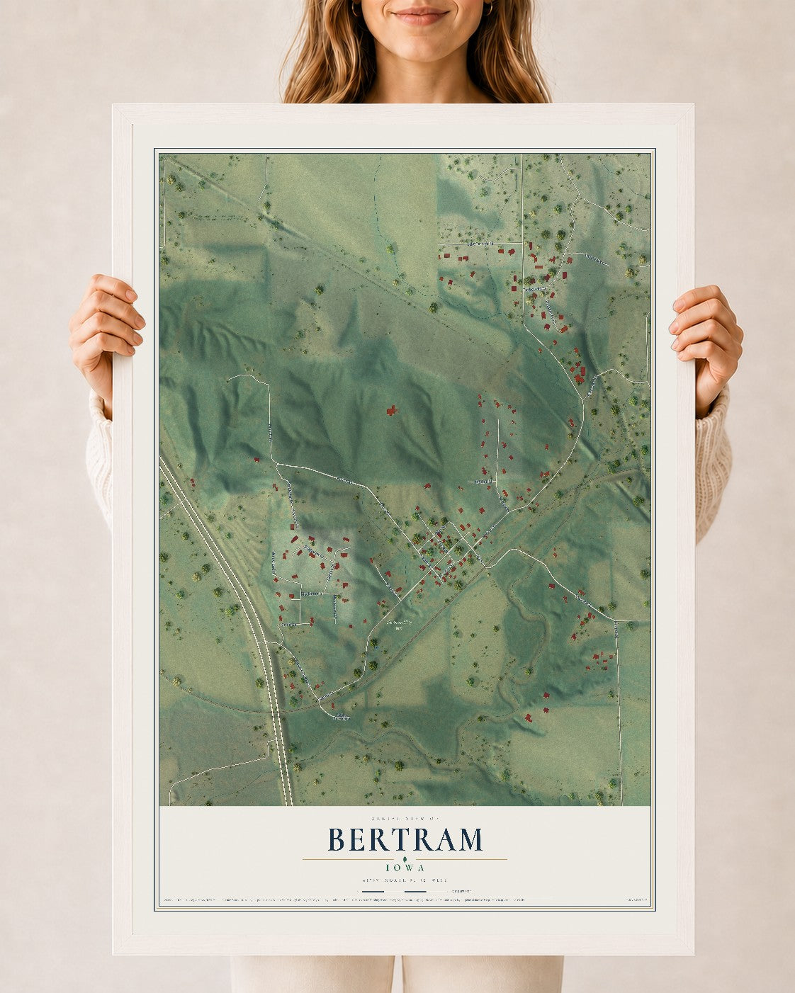 Map of Bertram, Iowa, 24 x 36 inch print in a white wood frame