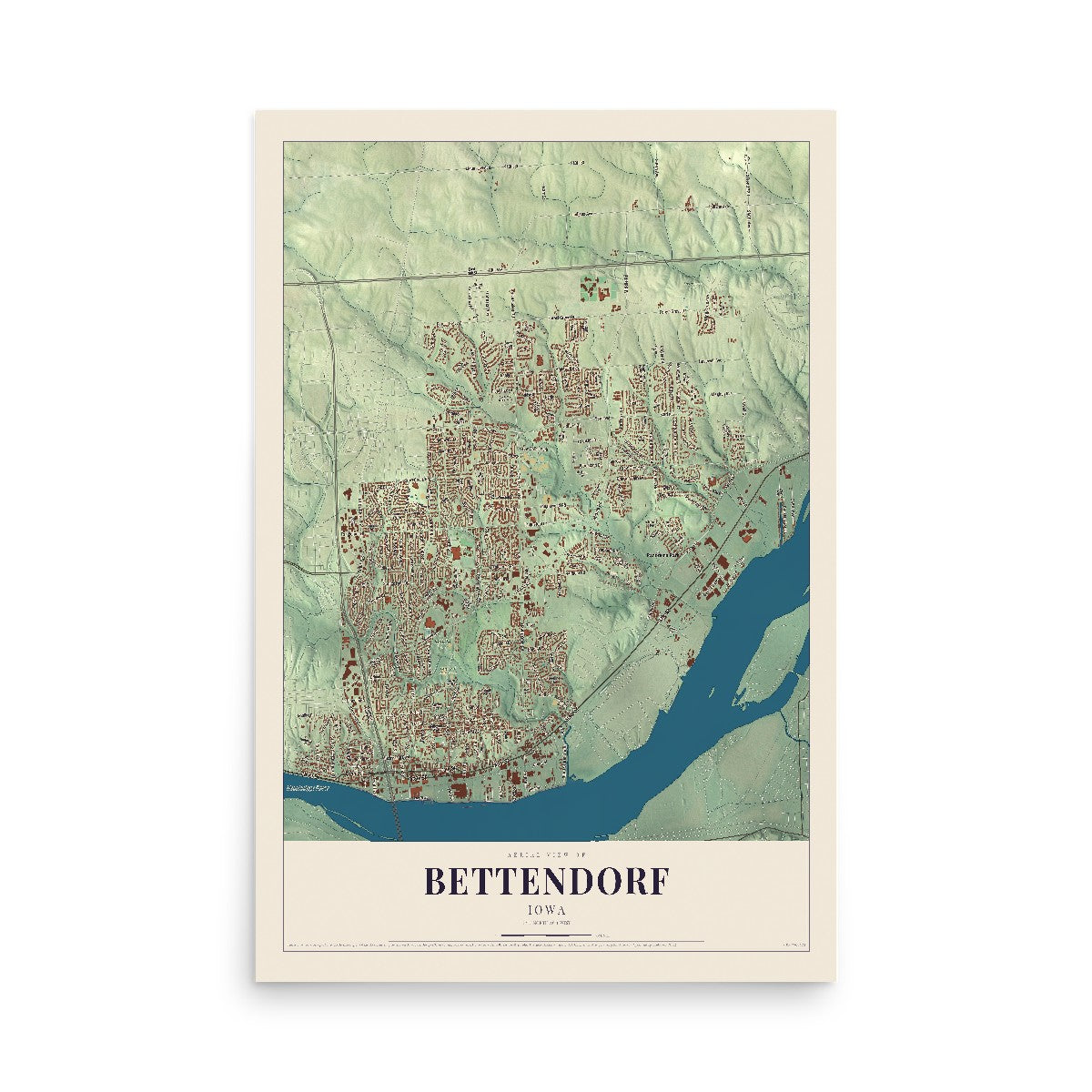 Map of Bettendorf, Iowa, 12 x 18 inch unframed archival matte print