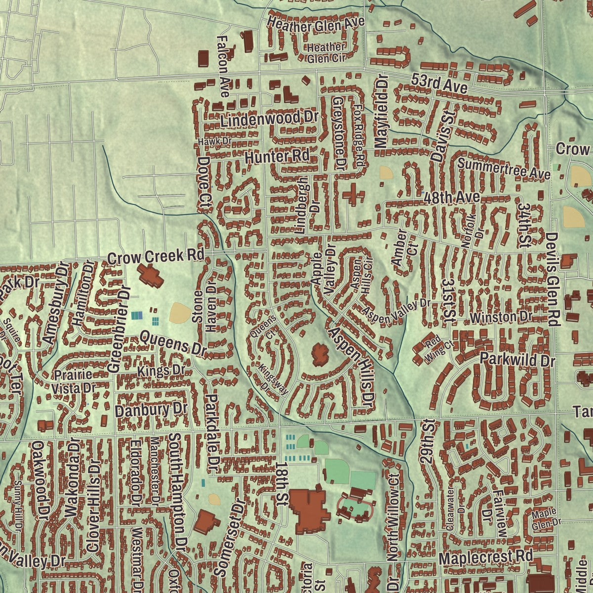 Close-up of the map of Bettendorf, Iowa print showing street and building detail