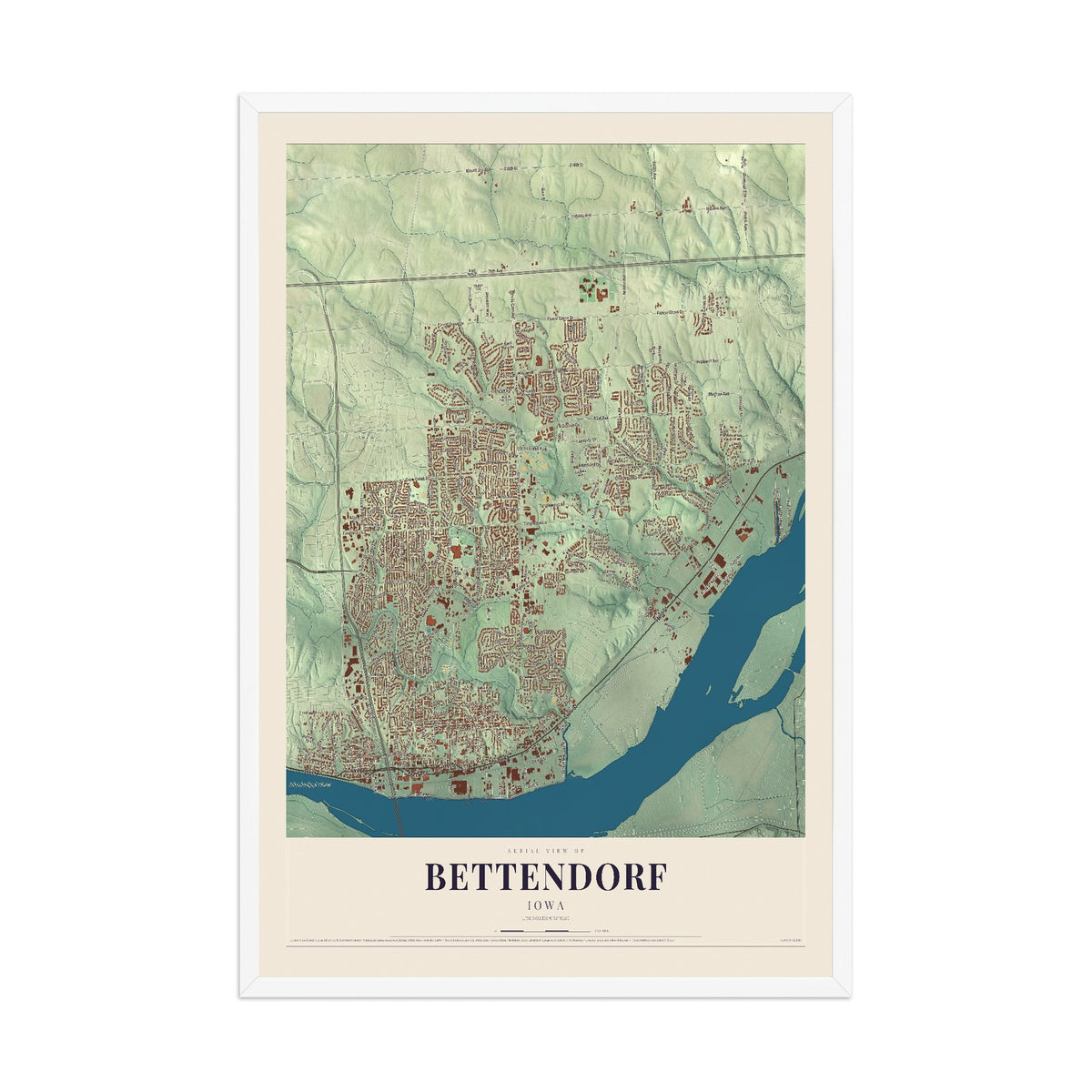 Map of Bettendorf, Iowa, 12 x 18 inch print in a white wood frame