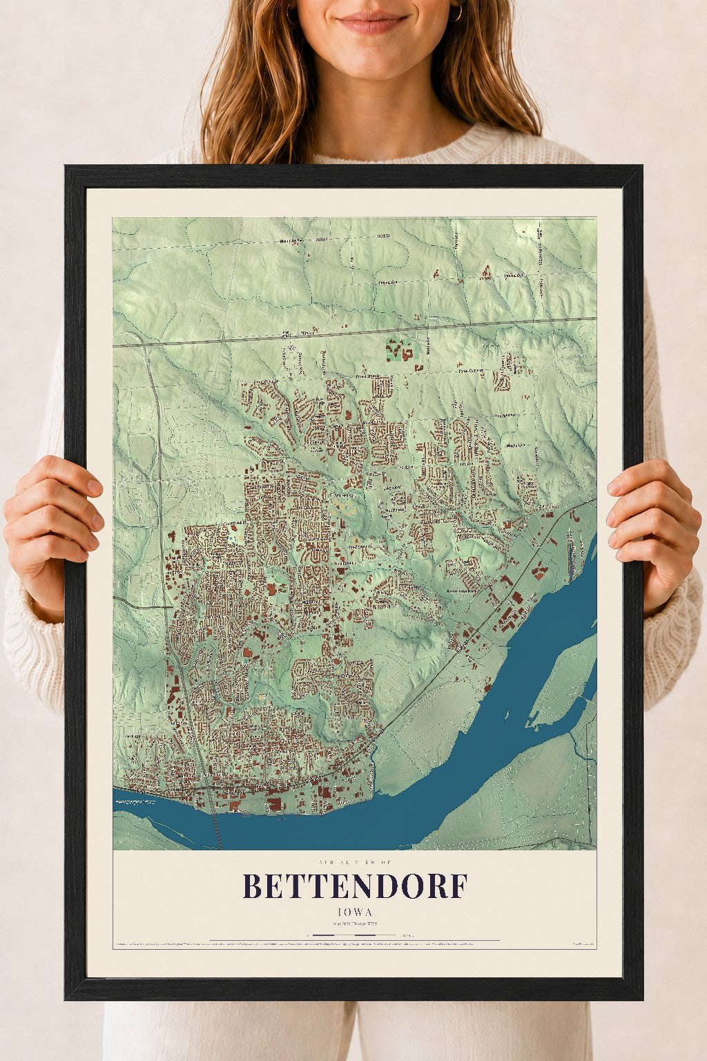 Map of Bettendorf, Iowa, 18 x 24 inch print in a black wood frame