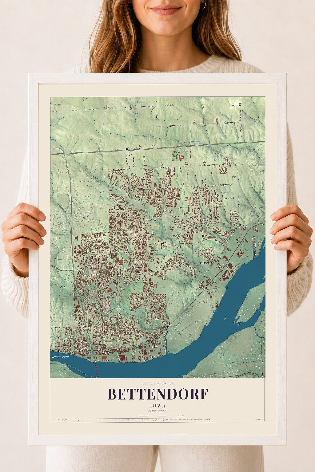 Map of Bettendorf, Iowa, 18 x 24 inch print in a white wood frame