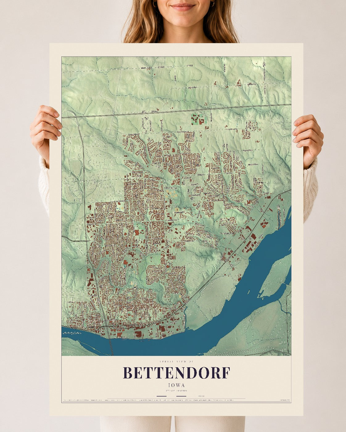 Map of Bettendorf, Iowa, 24 x 36 inch unframed archival matte print