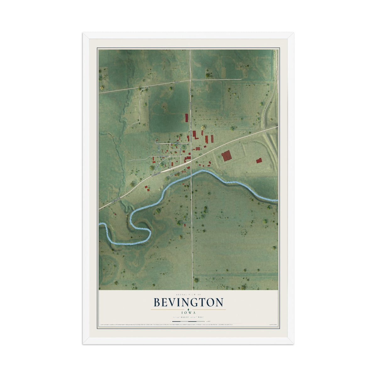 Map of Bevington, Iowa, 12 x 18 inch print in a white wood frame