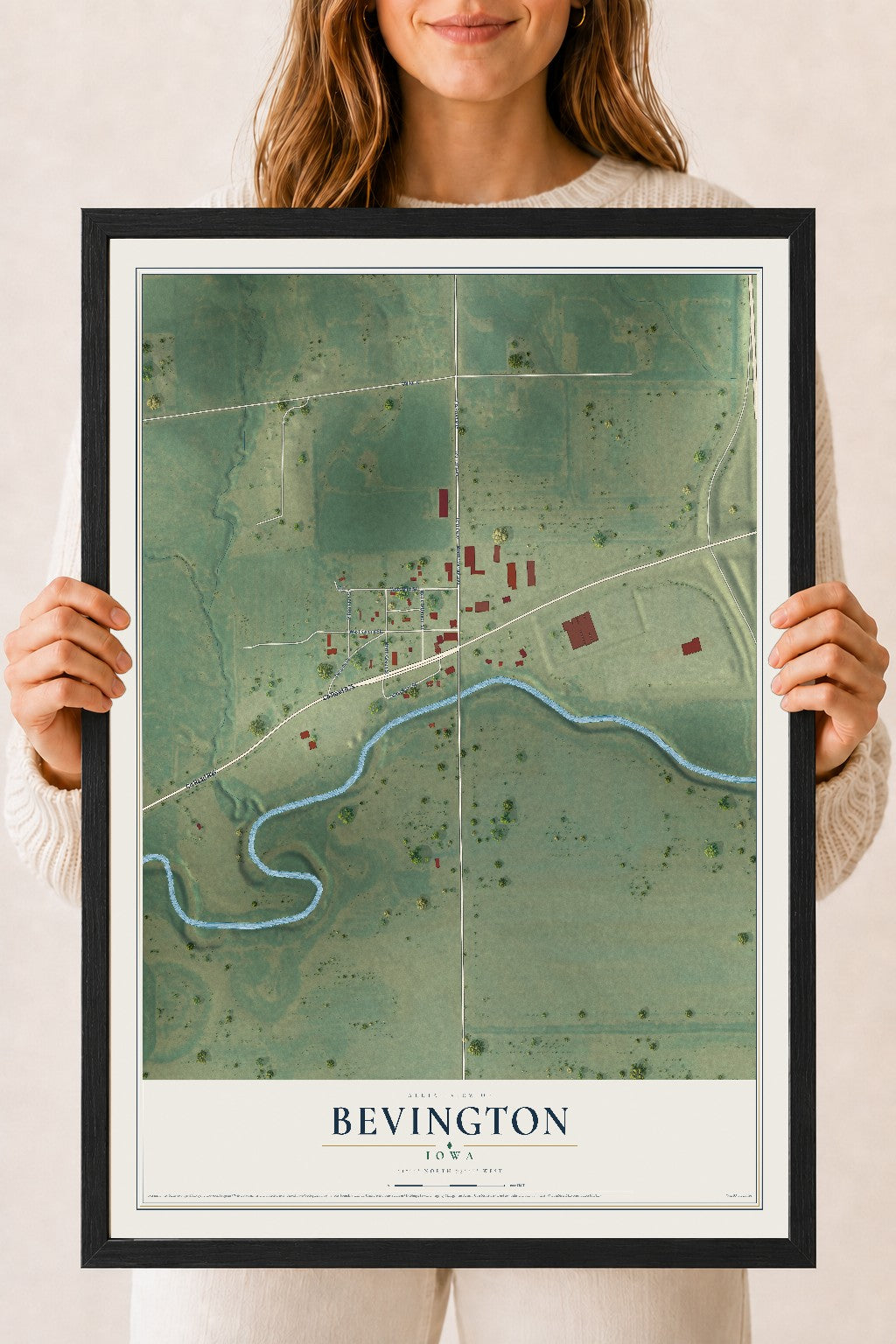 Map of Bevington, Iowa, 18 x 24 inch print in a black wood frame