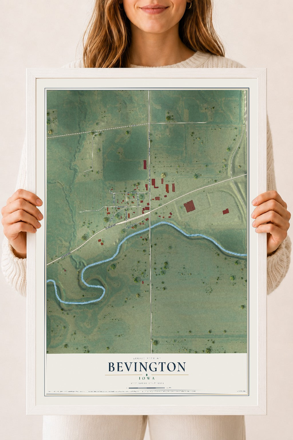 Map of Bevington, Iowa, 18 x 24 inch print in a white wood frame