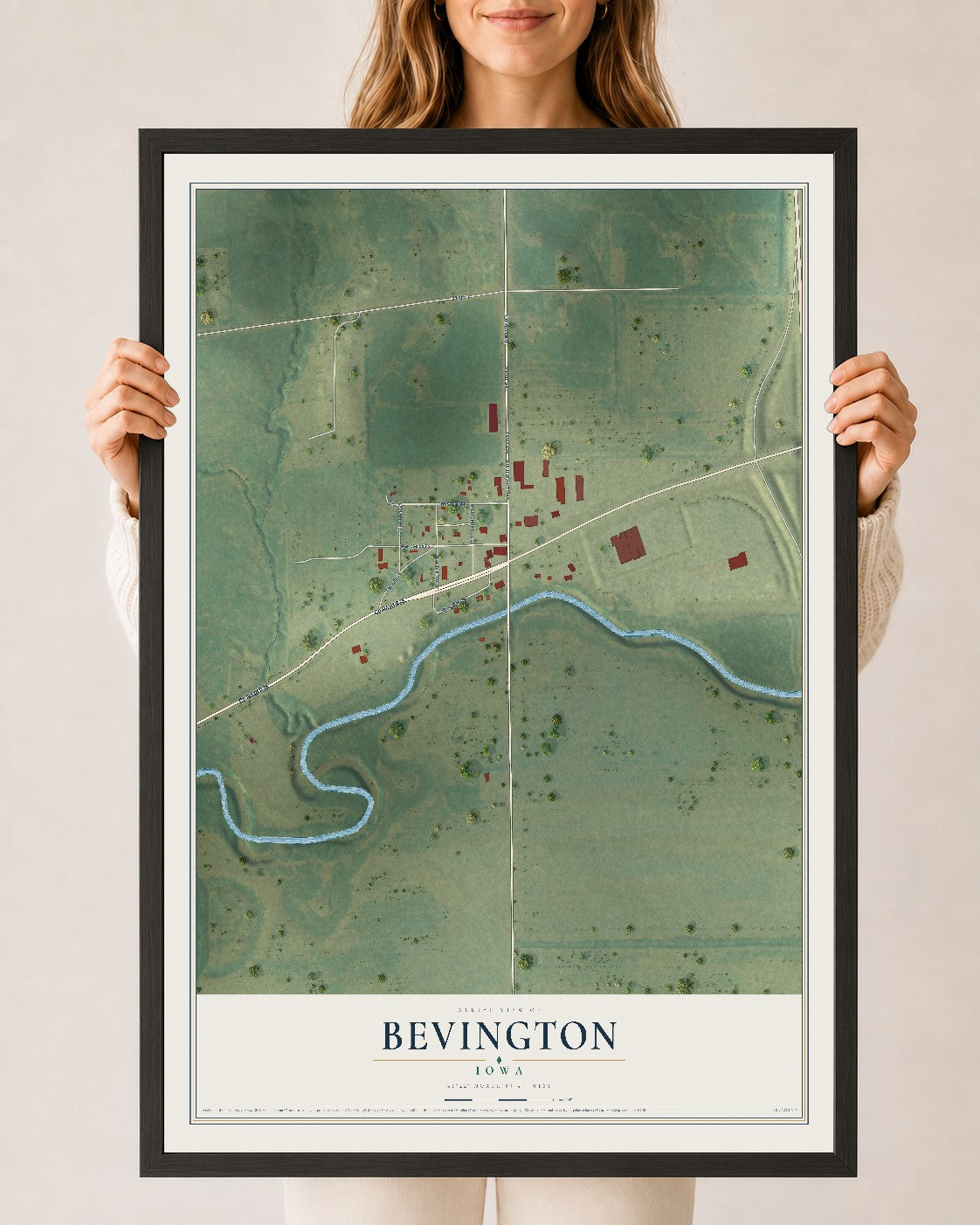 Map of Bevington, Iowa, 24 x 36 inch print in a black wood frame