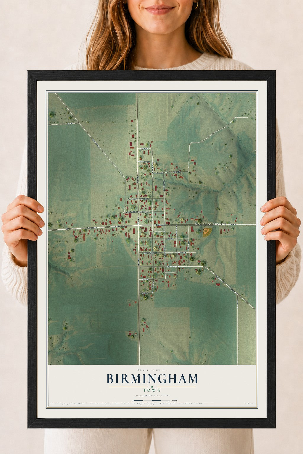 Map of Birmingham, Iowa, 18 x 24 inch print in a black wood frame