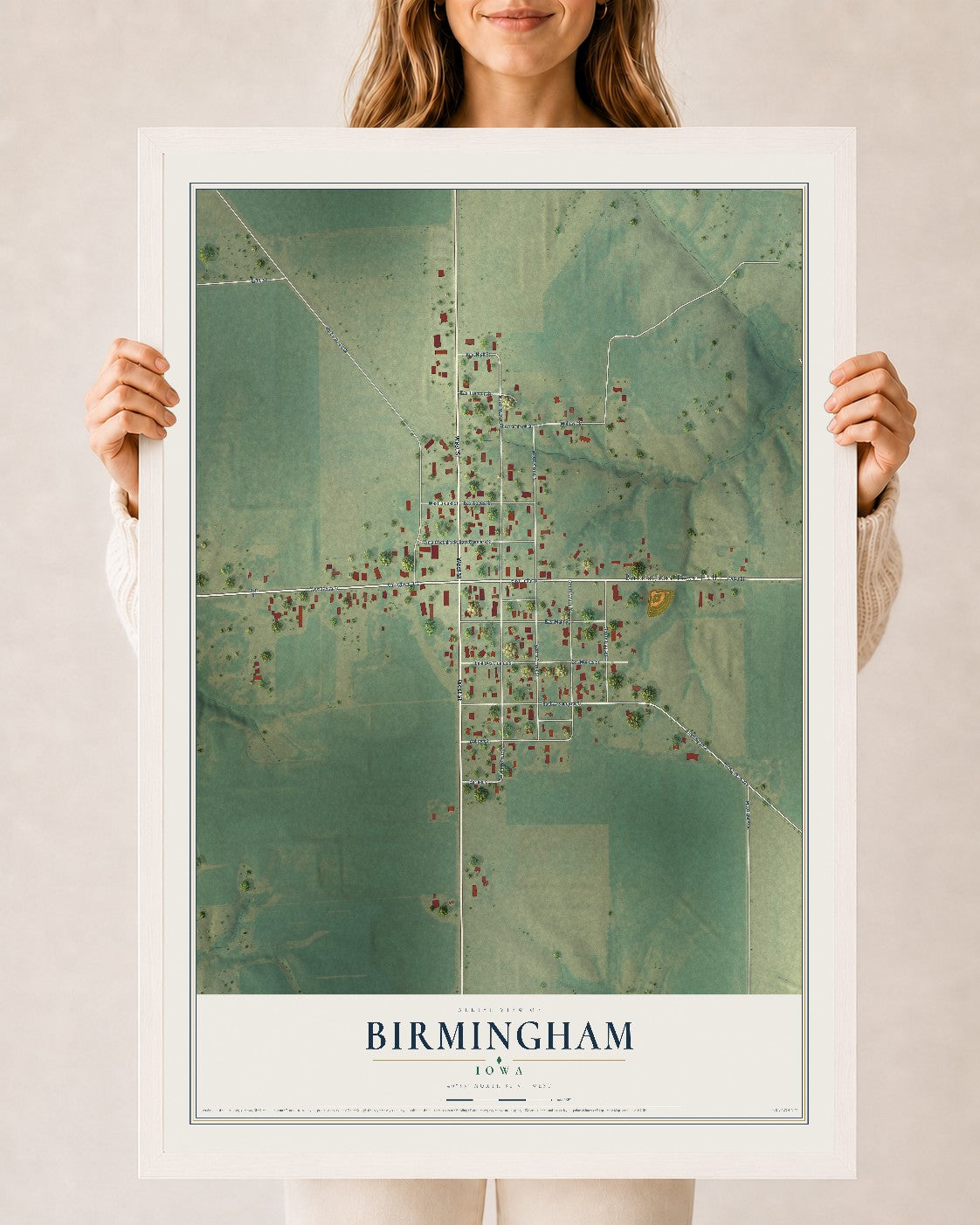 Map of Birmingham, Iowa, 24 x 36 inch print in a white wood frame
