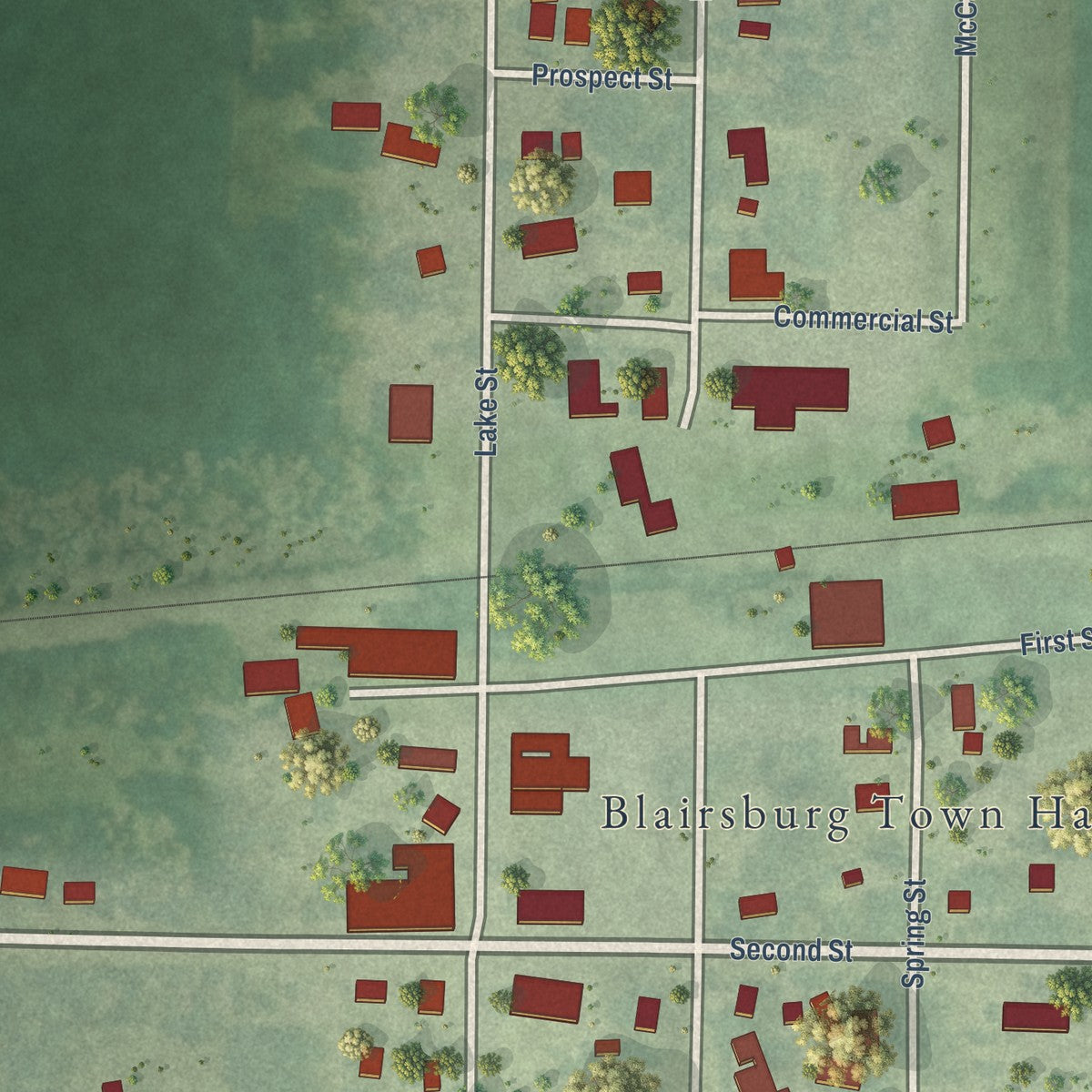 Close-up of the map of Blairsburg, Iowa print showing street and building detail