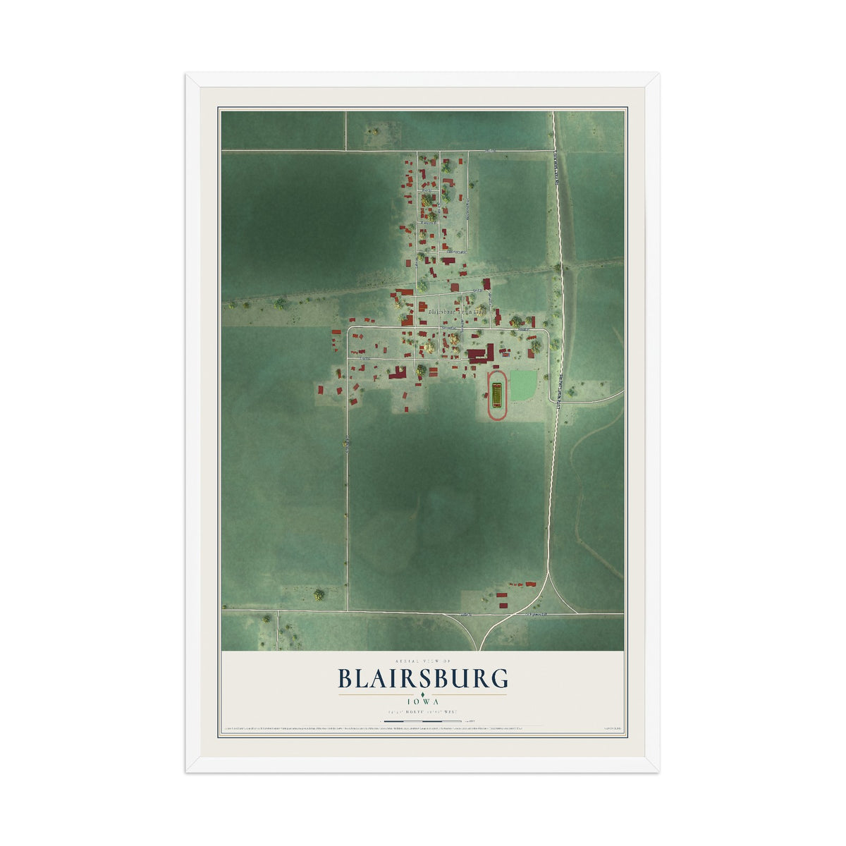 Map of Blairsburg, Iowa, 12 x 18 inch print in a white wood frame
