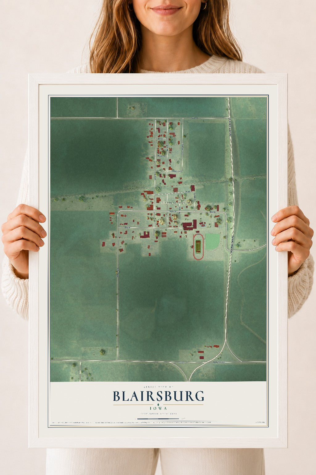 Map of Blairsburg, Iowa, 18 x 24 inch print in a white wood frame