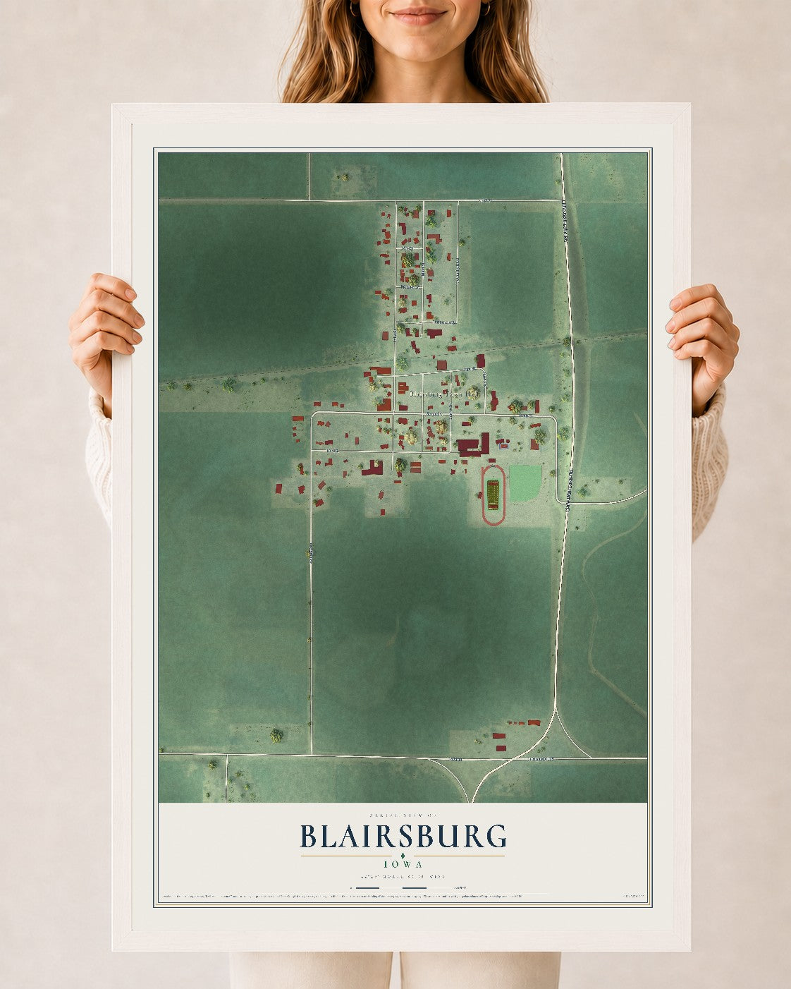 Map of Blairsburg, Iowa, 24 x 36 inch print in a white wood frame