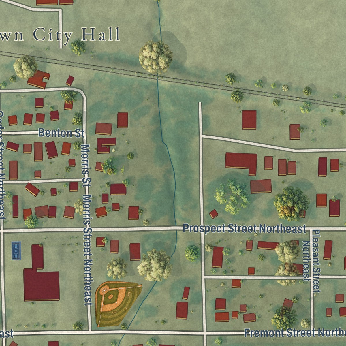 Second close-up of the map of Blairstown, Iowa print showing more streets and buildings