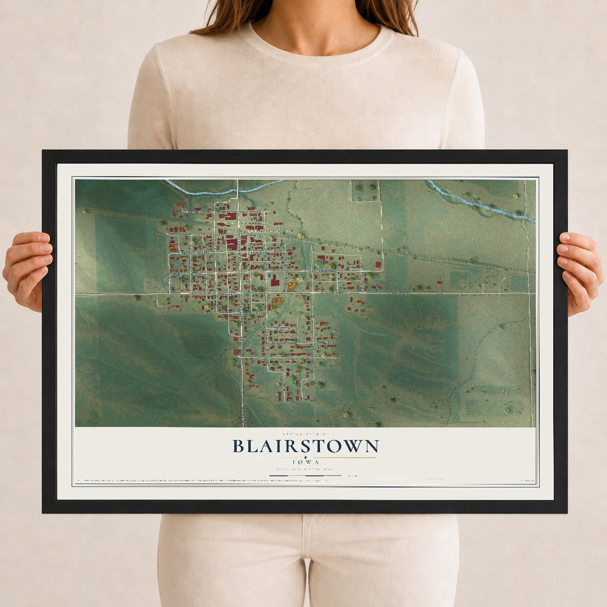 Map of Blairstown, Iowa, 12 x 18 inch print in a black wood frame