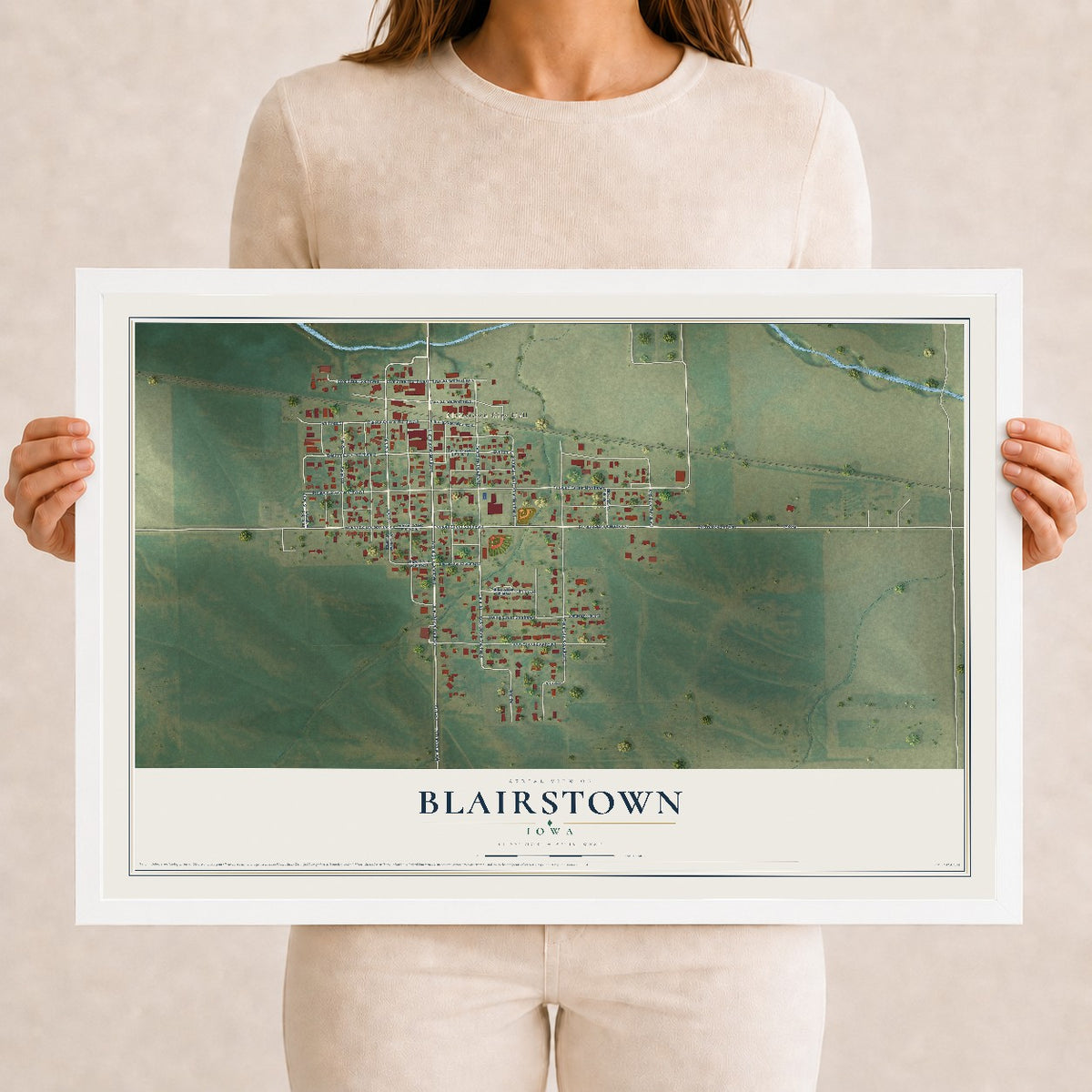 Map of Blairstown, Iowa, 12 x 18 inch print in a white wood frame