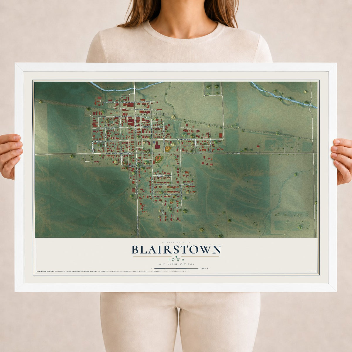 Map of Blairstown, Iowa, 18 x 24 inch print in a white wood frame
