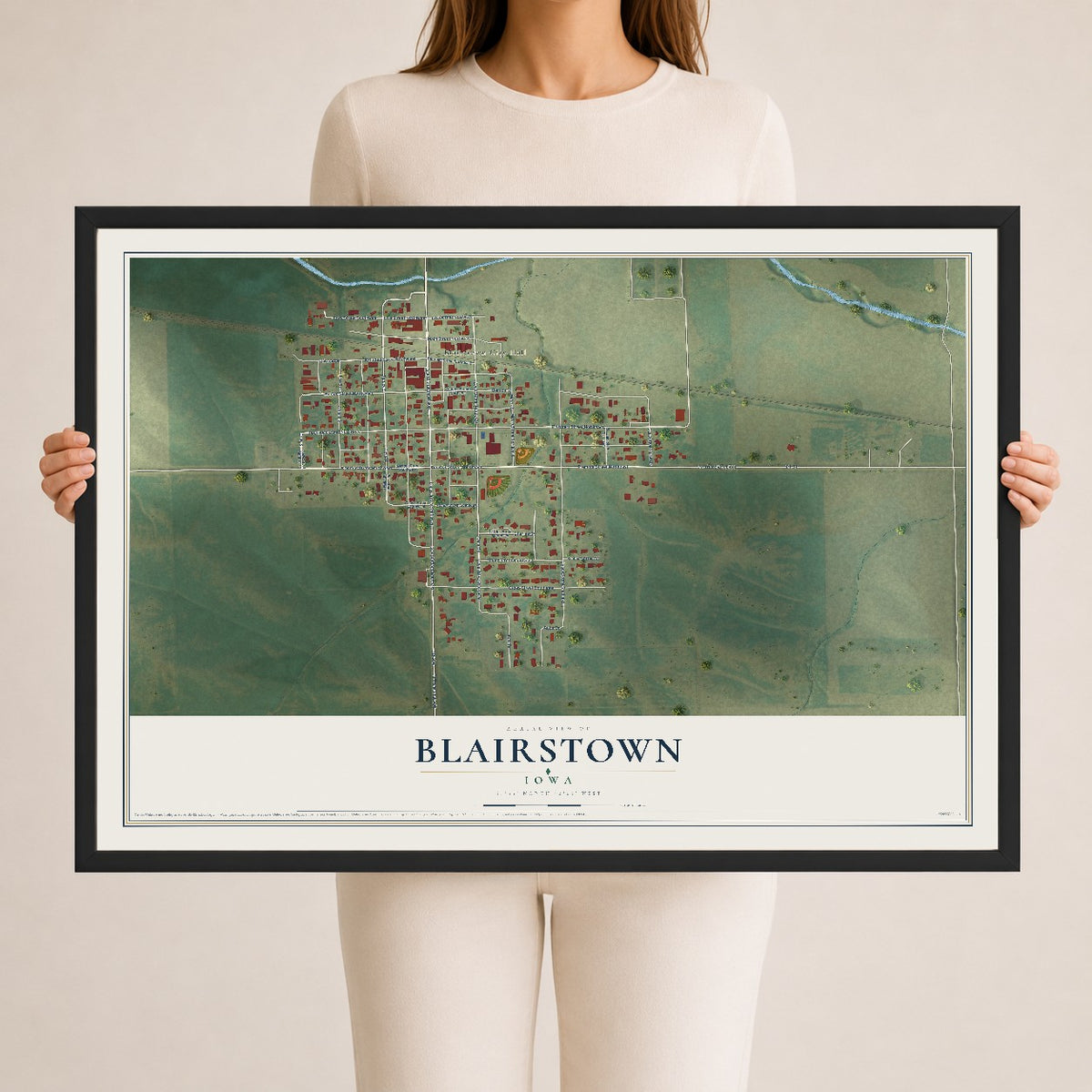 Map of Blairstown, Iowa, 24 x 36 inch print in a black wood frame