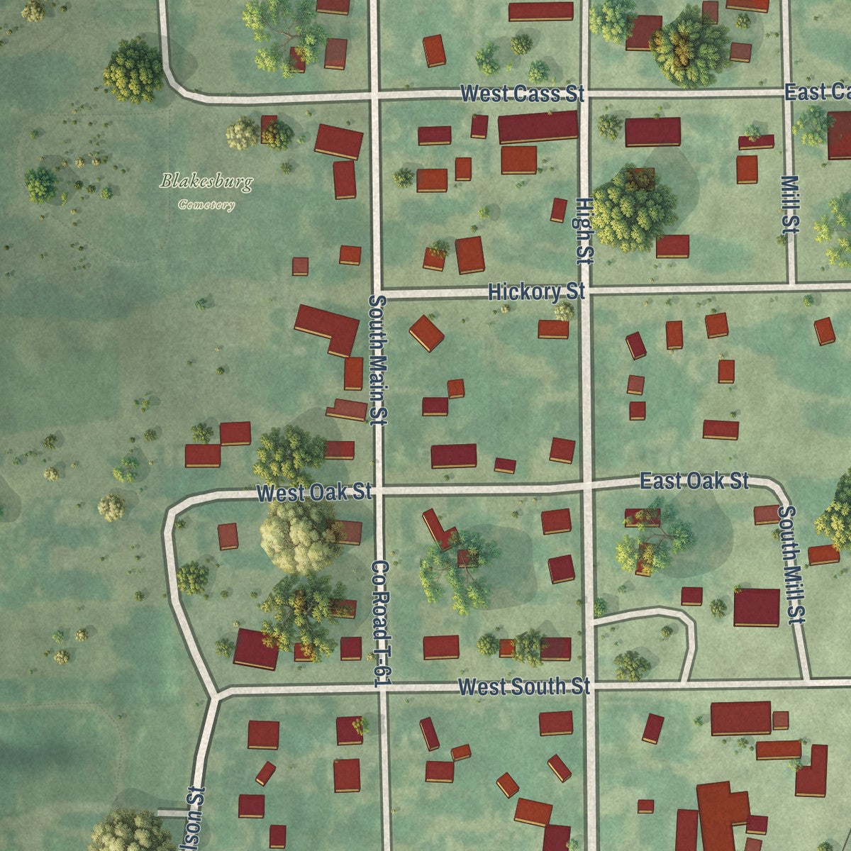 Close-up of the map of Blakesburg, Iowa print showing street and building detail