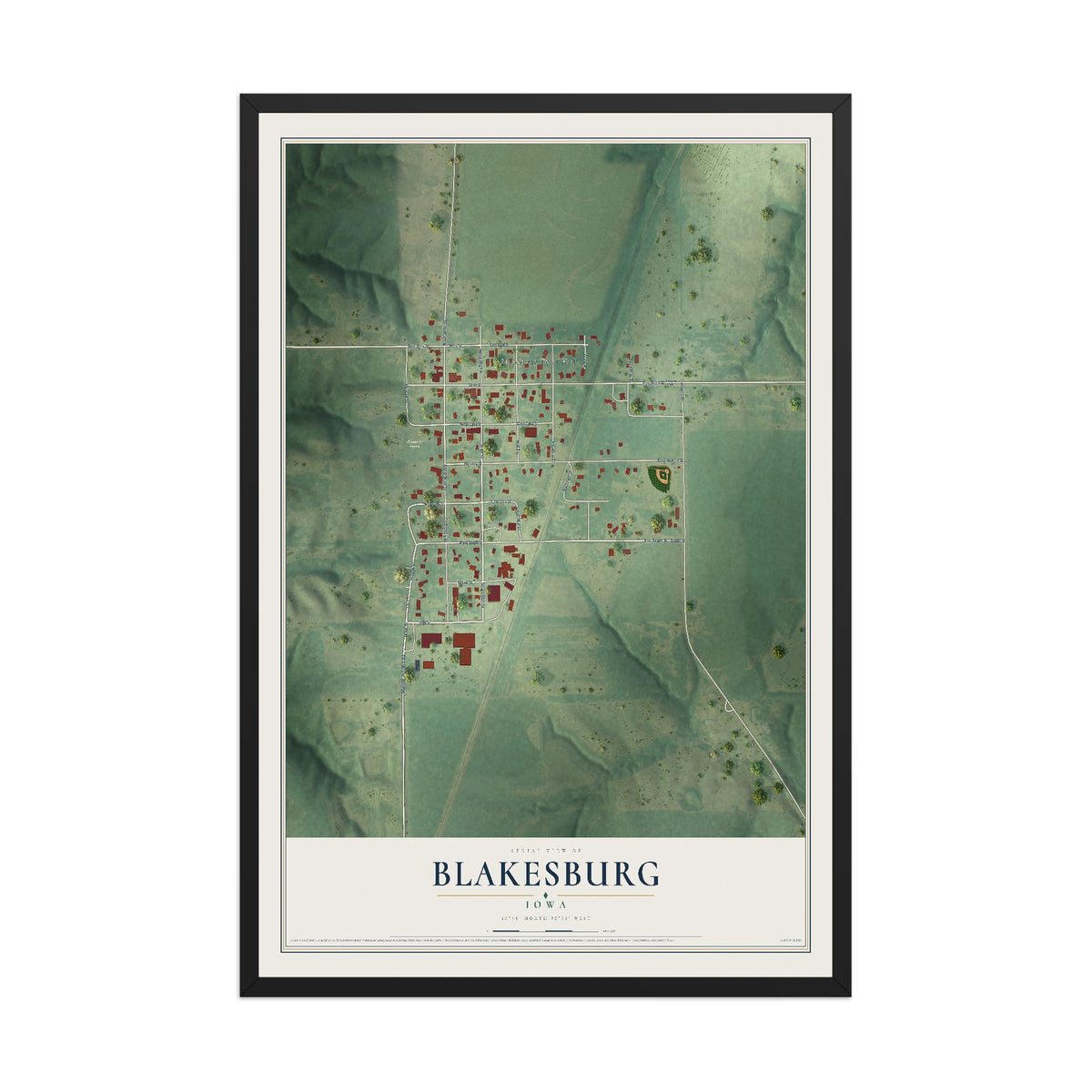 Map of Blakesburg, Iowa, 12 x 18 inch print in a black wood frame