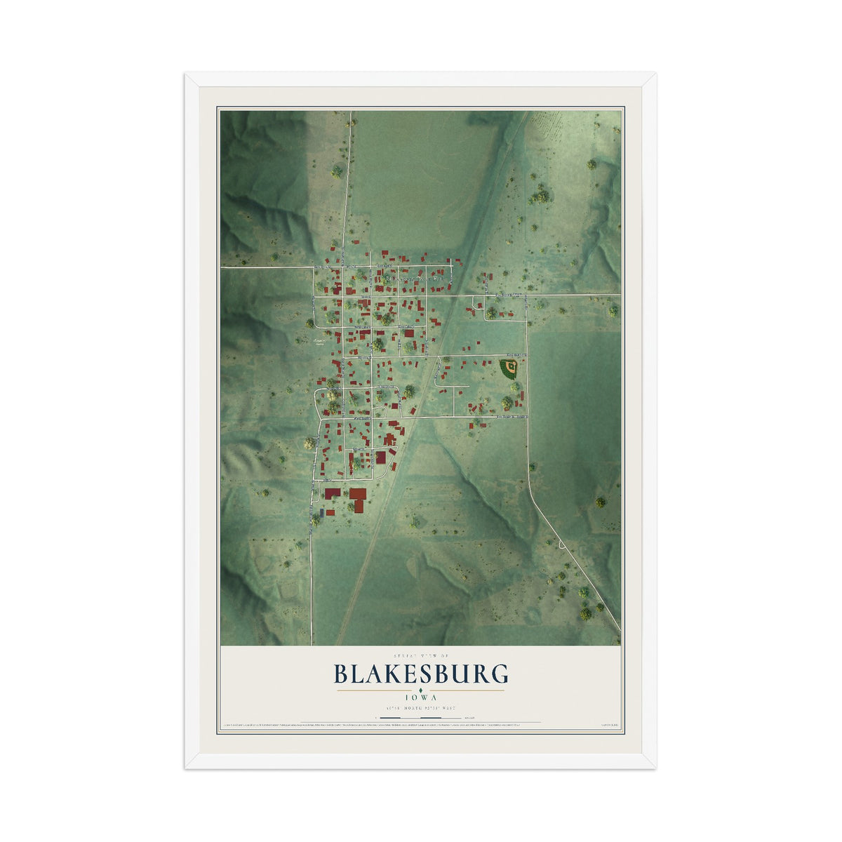 Map of Blakesburg, Iowa, 12 x 18 inch print in a white wood frame