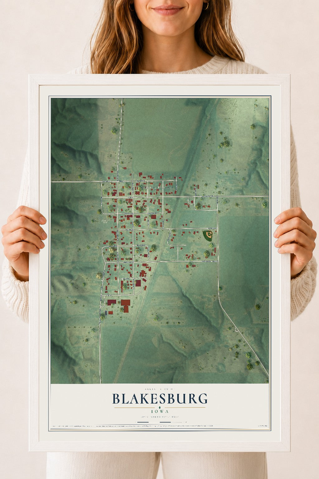 Map of Blakesburg, Iowa, 18 x 24 inch print in a white wood frame