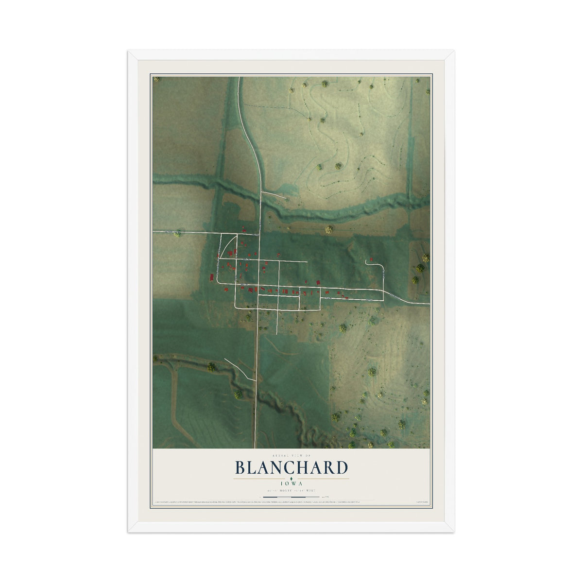 Map of Blanchard, Iowa, 12 x 18 inch print in a white wood frame