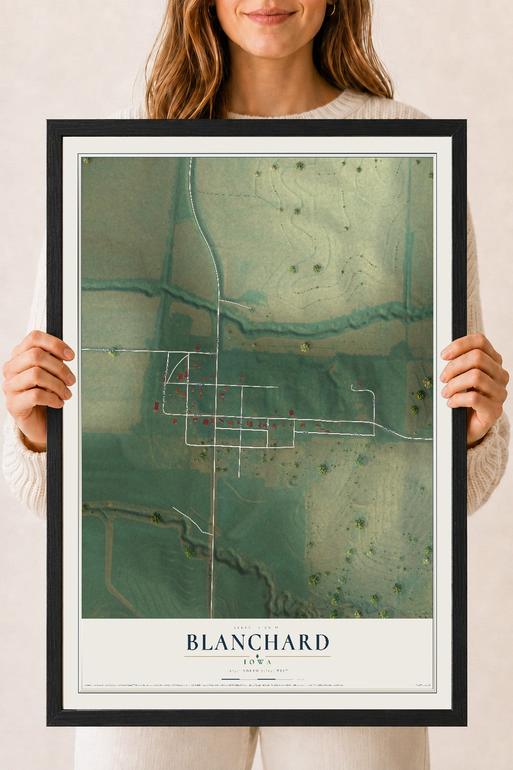 Map of Blanchard, Iowa, 18 x 24 inch print in a black wood frame