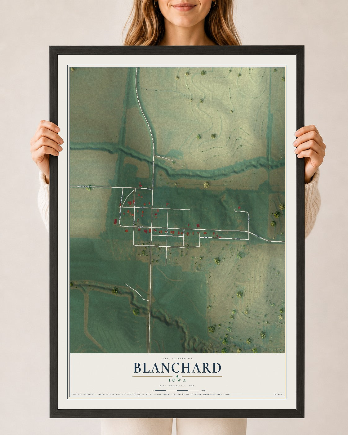 Map of Blanchard, Iowa, 24 x 36 inch print in a black wood frame