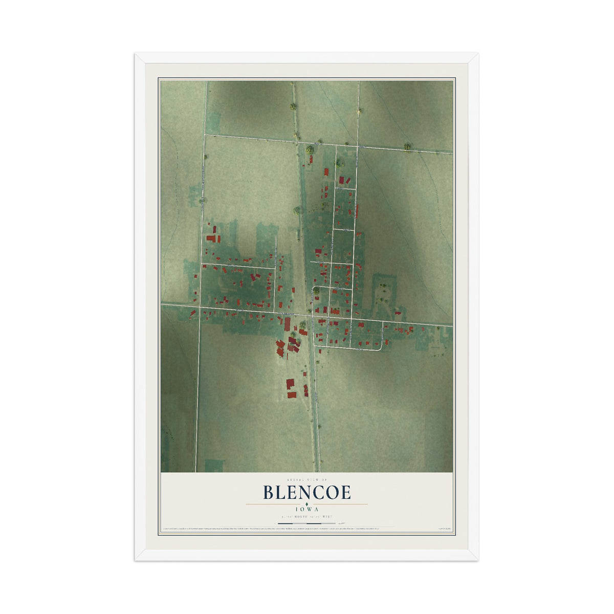 Map of Blencoe, Iowa, 12 x 18 inch print in a white wood frame